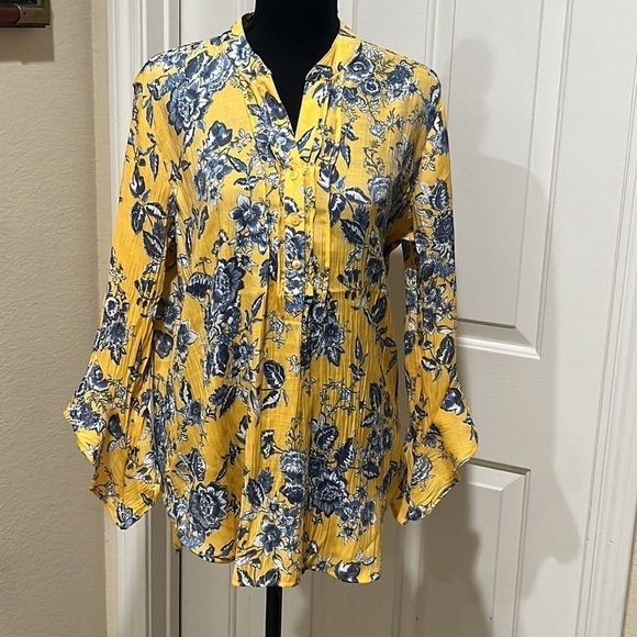 COUNTERPARTS Yellow and Blue Asymmetrical Blouse with Bell Sleeves SIZE L - Picture 1 of 11
